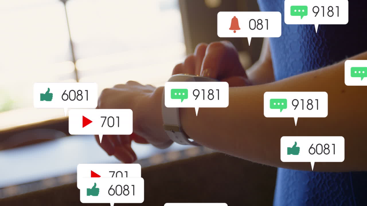 Animation of notification bars, midsection of caucasian woman holding cellphone and using smartwatch