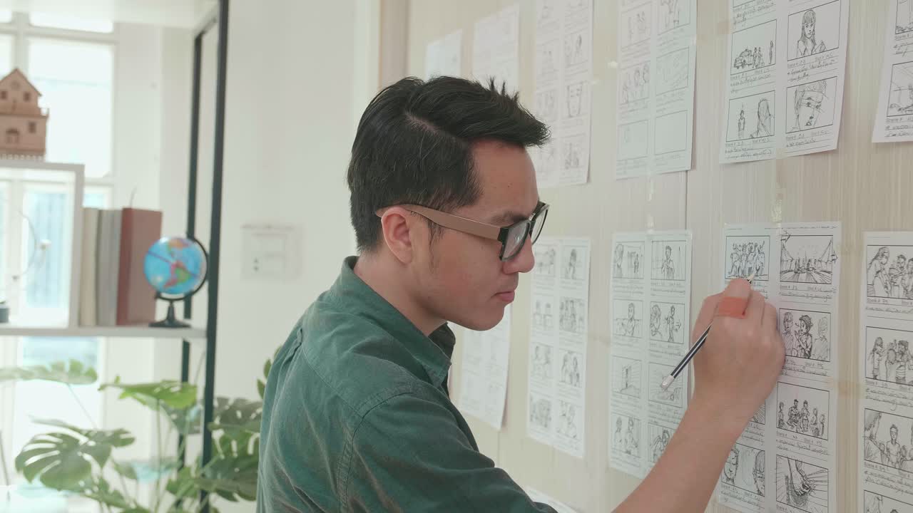 Pre-Production For Film Movie Story Concept : Asian Man Drawing Storyboard Animation Comic Cartoon, Design Creative Scene Layout At Studio. Behind Making Work Before Production Films Or Video Shot