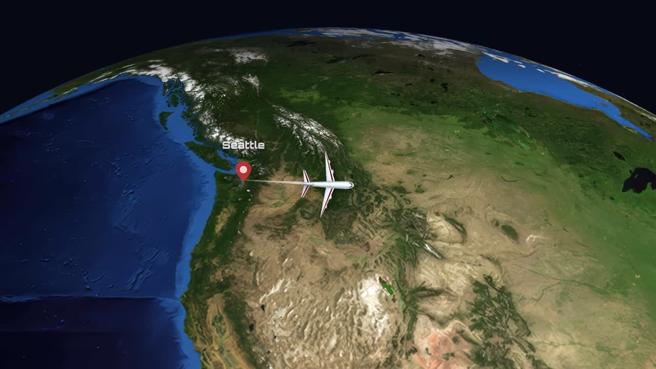 A digital animation tracks a commercial airplane flying from Seattle to Chicago over North America