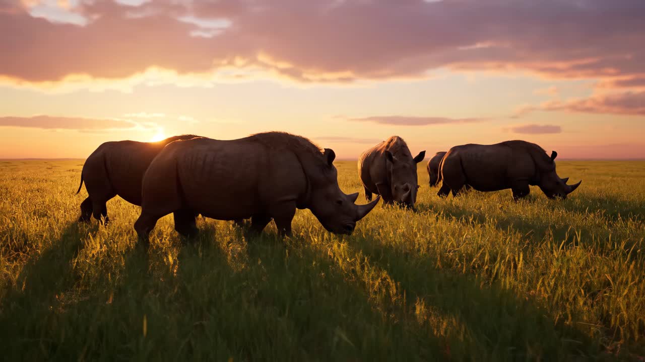 Rhinos grazing at sunset
