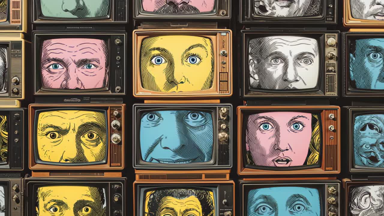 Televisori CRT vintage impilati formano una parete colorata, ogni schermo mostra volti ed espressioni umane stilizzate, evocando i mass media, la sorveglianza e la cultura della trasmissione.