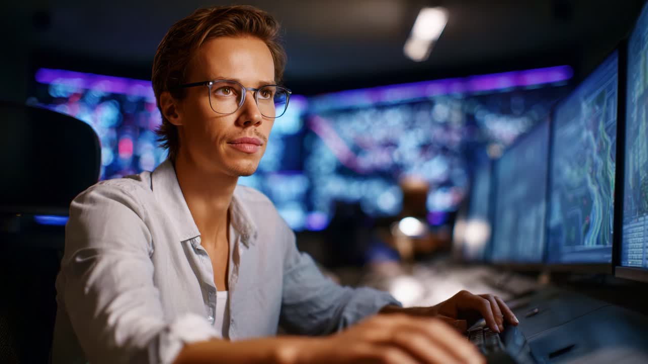 Focused Individual Analyzing Data on Multiple Screens in a Technologically Advanced Control Room Environment with Attention to Detail and Precision