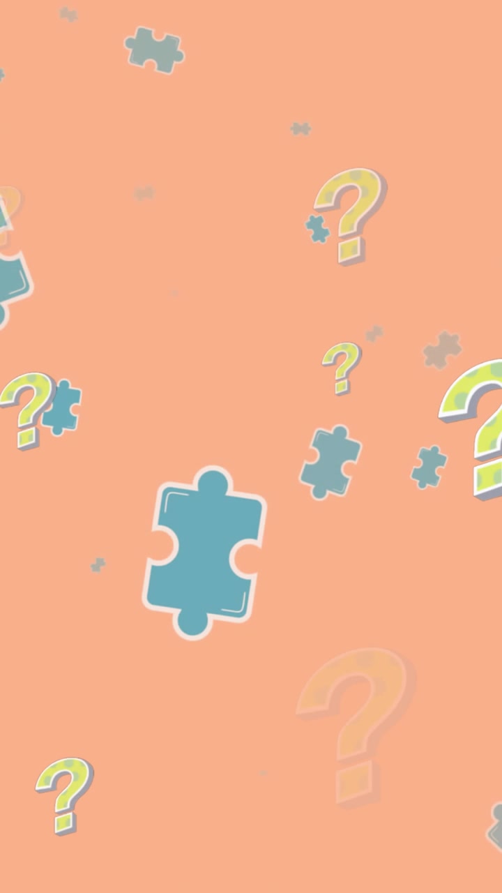Animation of puzzles and question marks floating over orange background