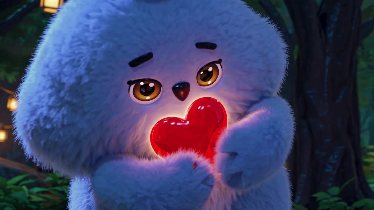 Fluffy white character embracing a glowing red heart in a magical forest at night, creating a heartwarming and enchanting atmosphere filled with warmth and tenderness