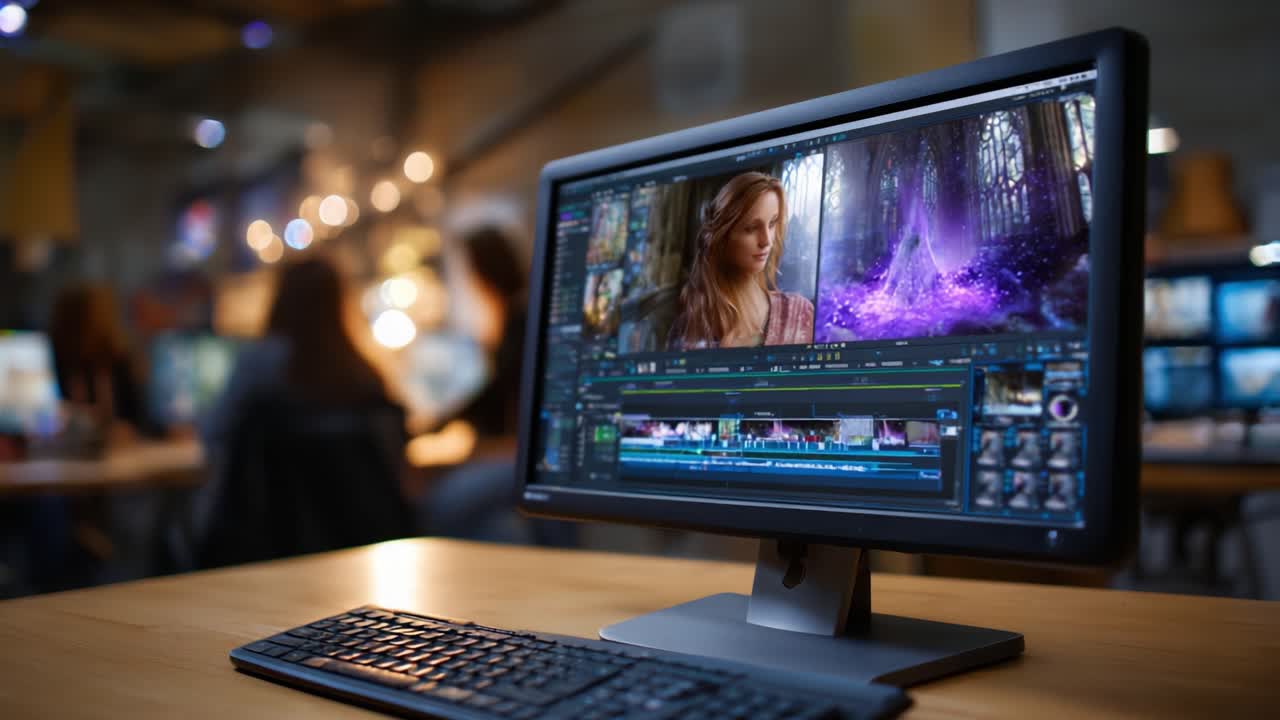 Un'area di lavoro creativa con uno schermo di computer e un software di editor di video, che mostra un soggetto femminile su uno sfondo etereo di elementi magici