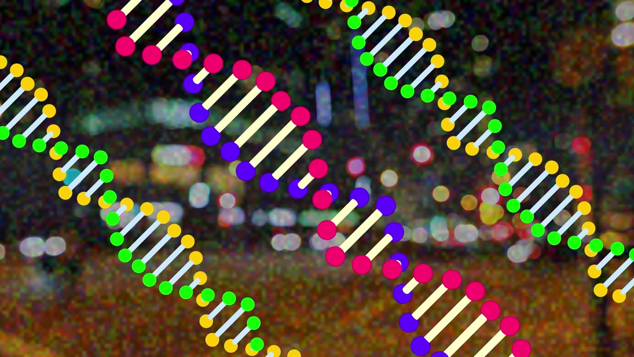 Animation of colorful dna rotating over blurred night cityscape