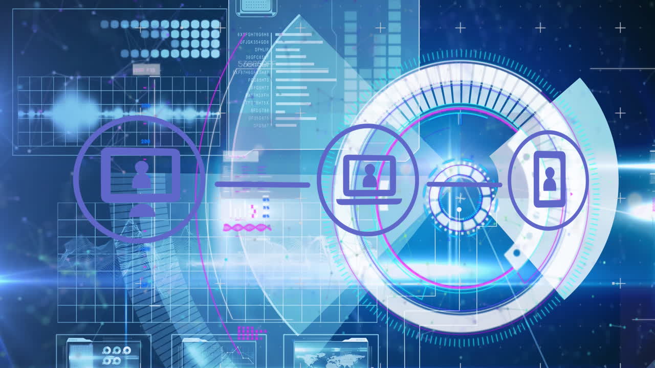 파란색 배경에 데이터 처리에 대한 기술 아이콘의 애니메이션