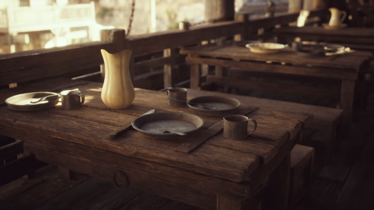 Rustic wooden tables set for communal dining in a coastal seaside setting