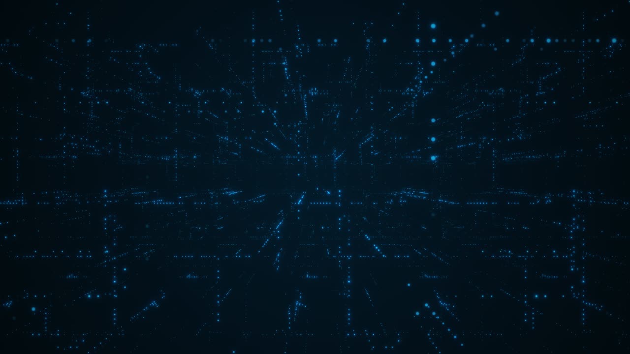 Through virtual space. Grid structure from glowing particles. Looped background