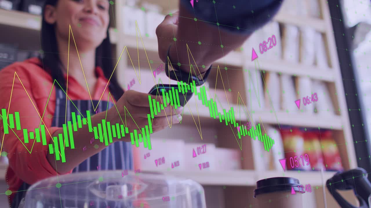Barista offering terminal, customer tapping watch, completing cafe sale while charts overlaying