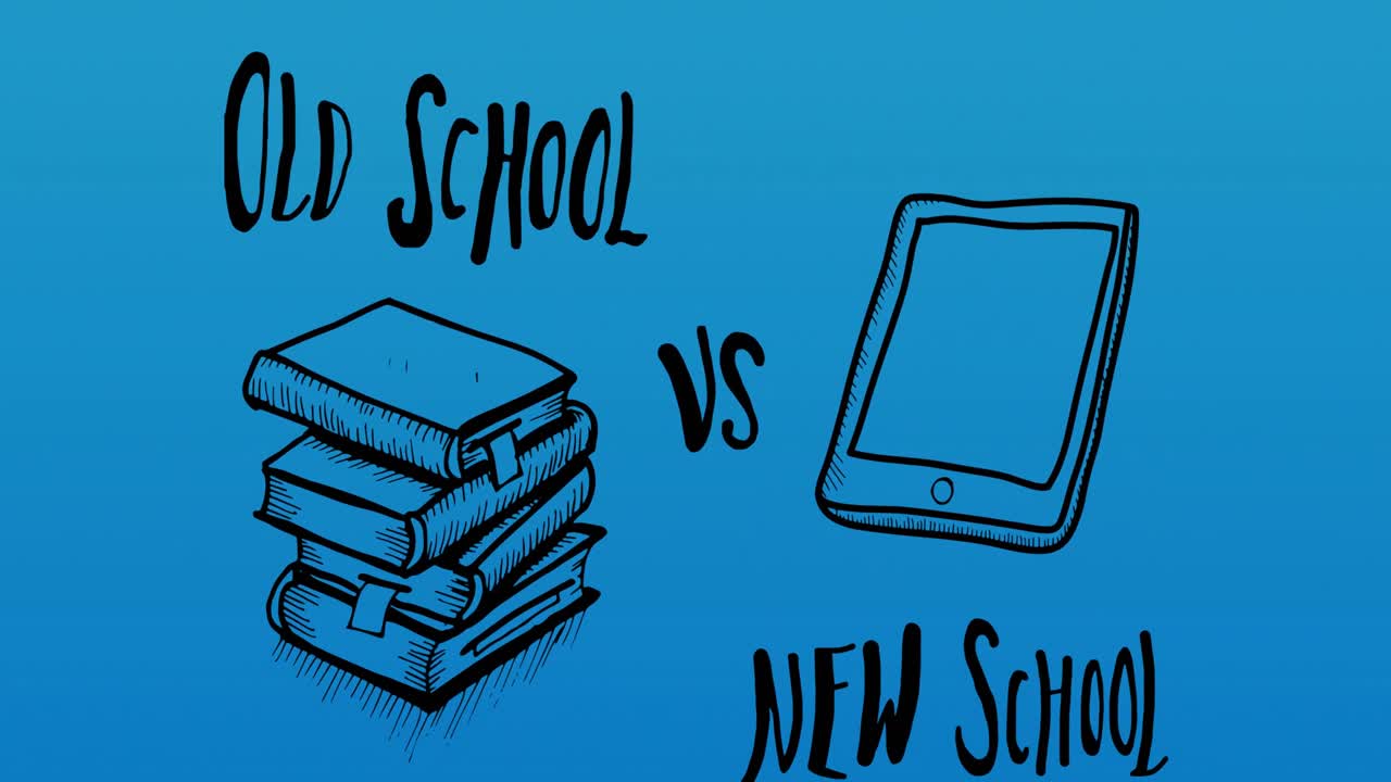 Animation of old school vs new school text and digital icons on blue background