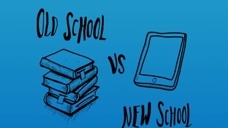 animation of old school vs new school text and digital icons on blue background