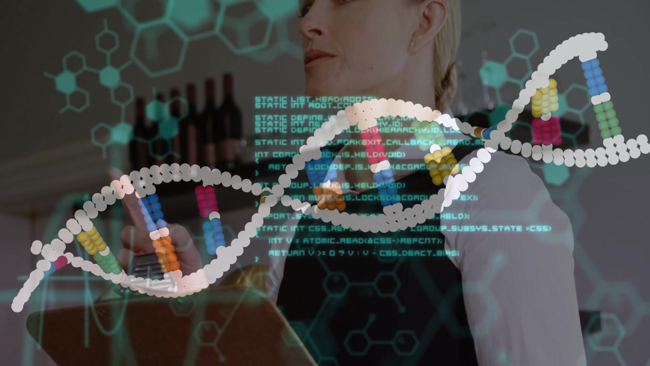 Woman raising finger noting clipboard, updating retail stock as DNA and teal code reacting