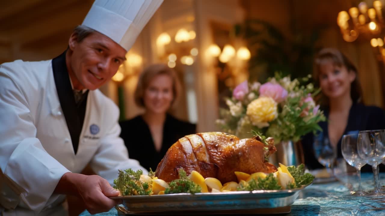 A Culinary Masterpiece: A Chef Proudly Presents a Perfectly Roasted Turkey Surrounded by Fresh Produce and Elegantly Set Tableware in a Luxurious Dining Setting