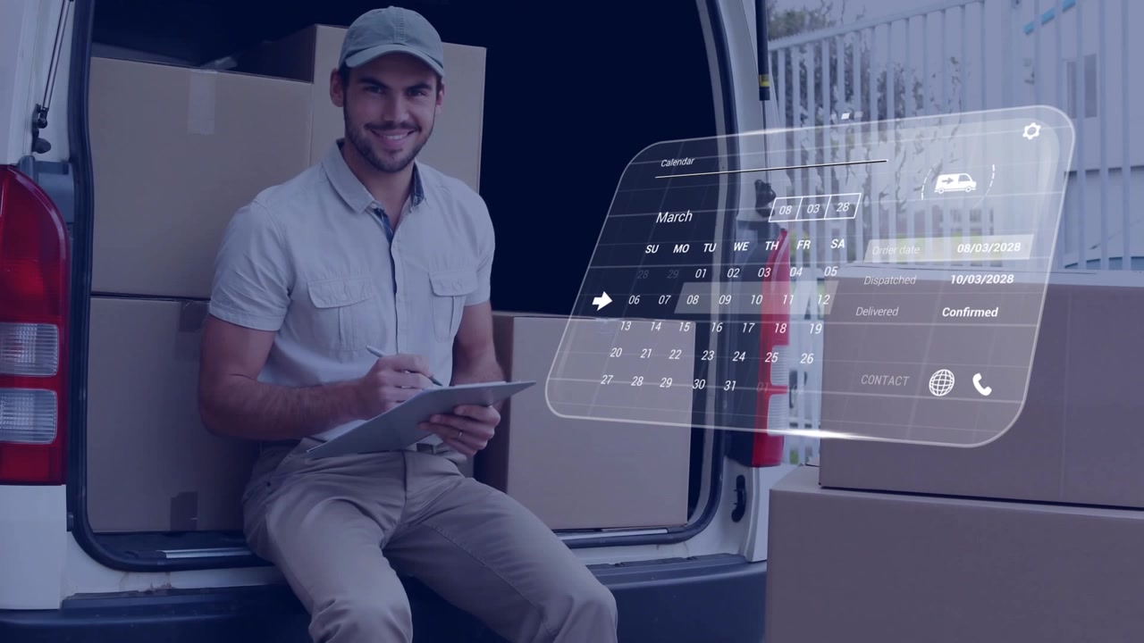 Vertical video: Hologram showing shirted courier marking log reaching panel confirming boxes at van