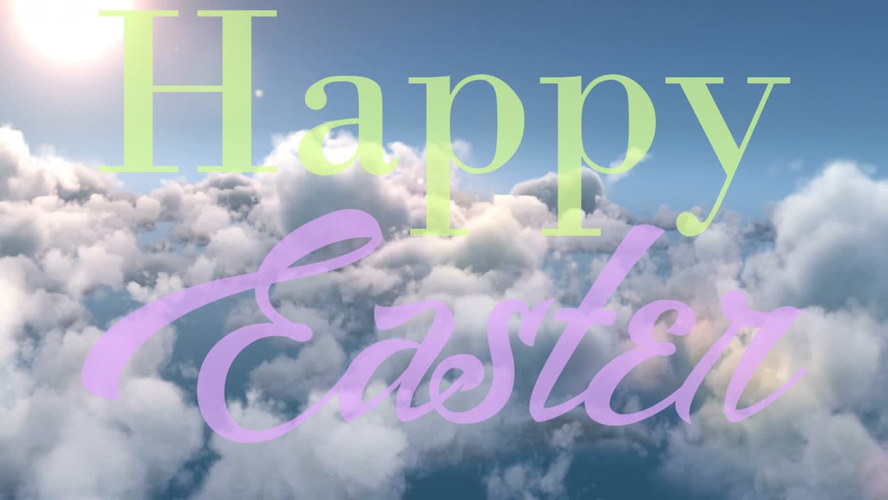 Testo "Buona Pasqua" posizionato sopra le nuvole, luce solare che filtra dietro con un bagliore, creando un design per biglietto.
