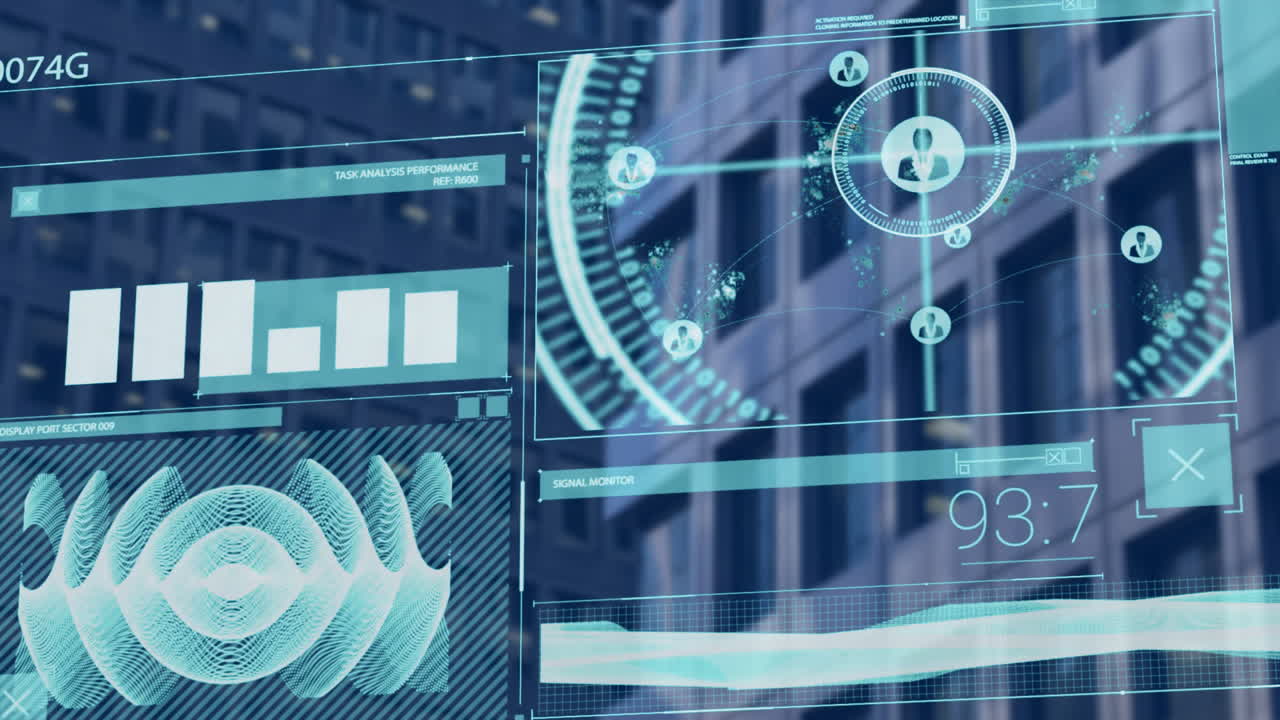 análisis de datos futuristas y animación de interfaz digital sobre el fondo del paisaje urbano