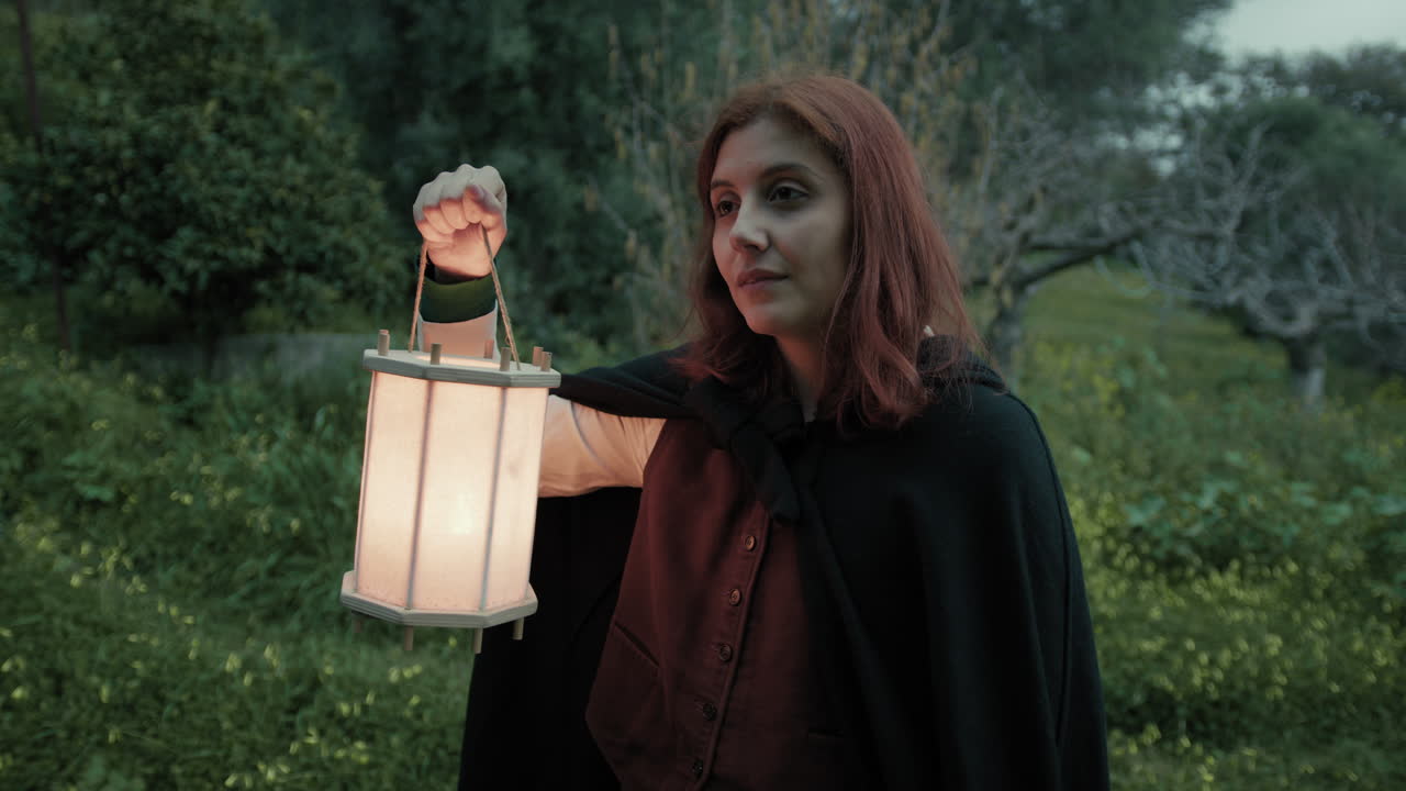 여자 는 밤 에 등불 을 들고 무서워서 숲 에 들어간다