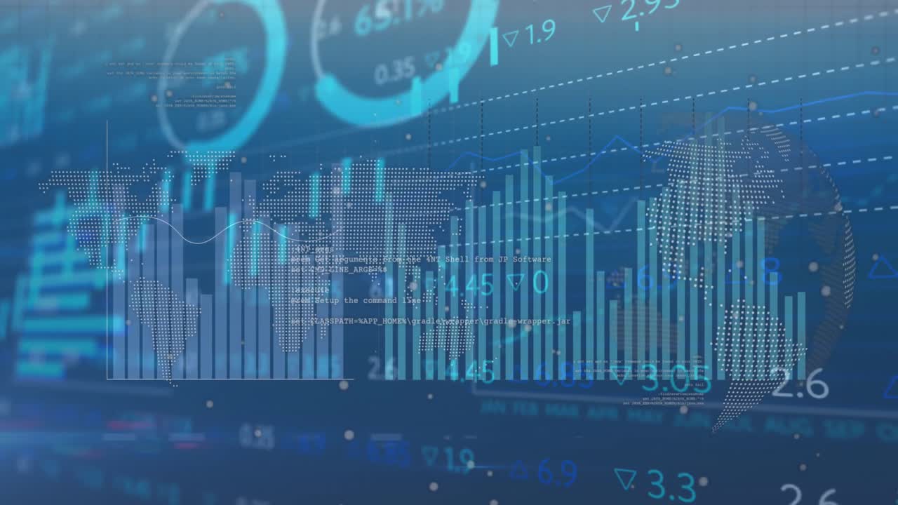 Animation of statistical and stock market data processing over world map and spinning globe