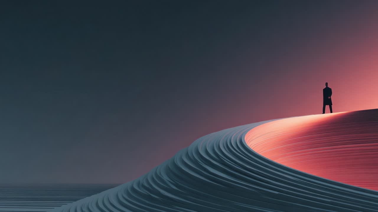 Lone man walking along a glowing abstract path, a conceptual journey representing progress, exploration, and the pursuit of goals in a minimalist, surreal, and futuristic landscape at dusk