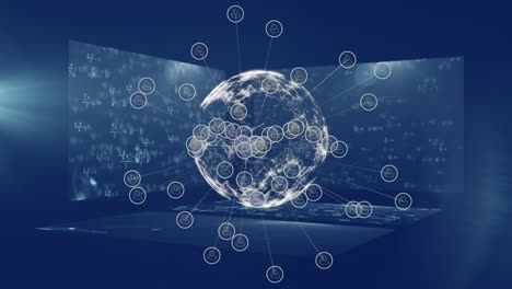 web of connections icons over spinning globe against mathematical equations