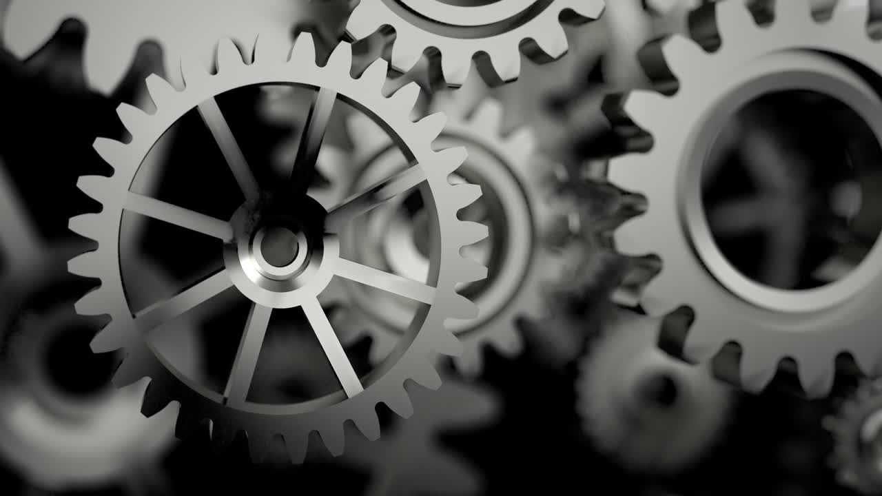 3d renderización del engranaje de la rueda de rotación, engranajes de motor giratorios, para el concepto de metáfora industrial y de trabajo en equipo, con un efecto de profundidad de campo, oscuro y procesado en grano