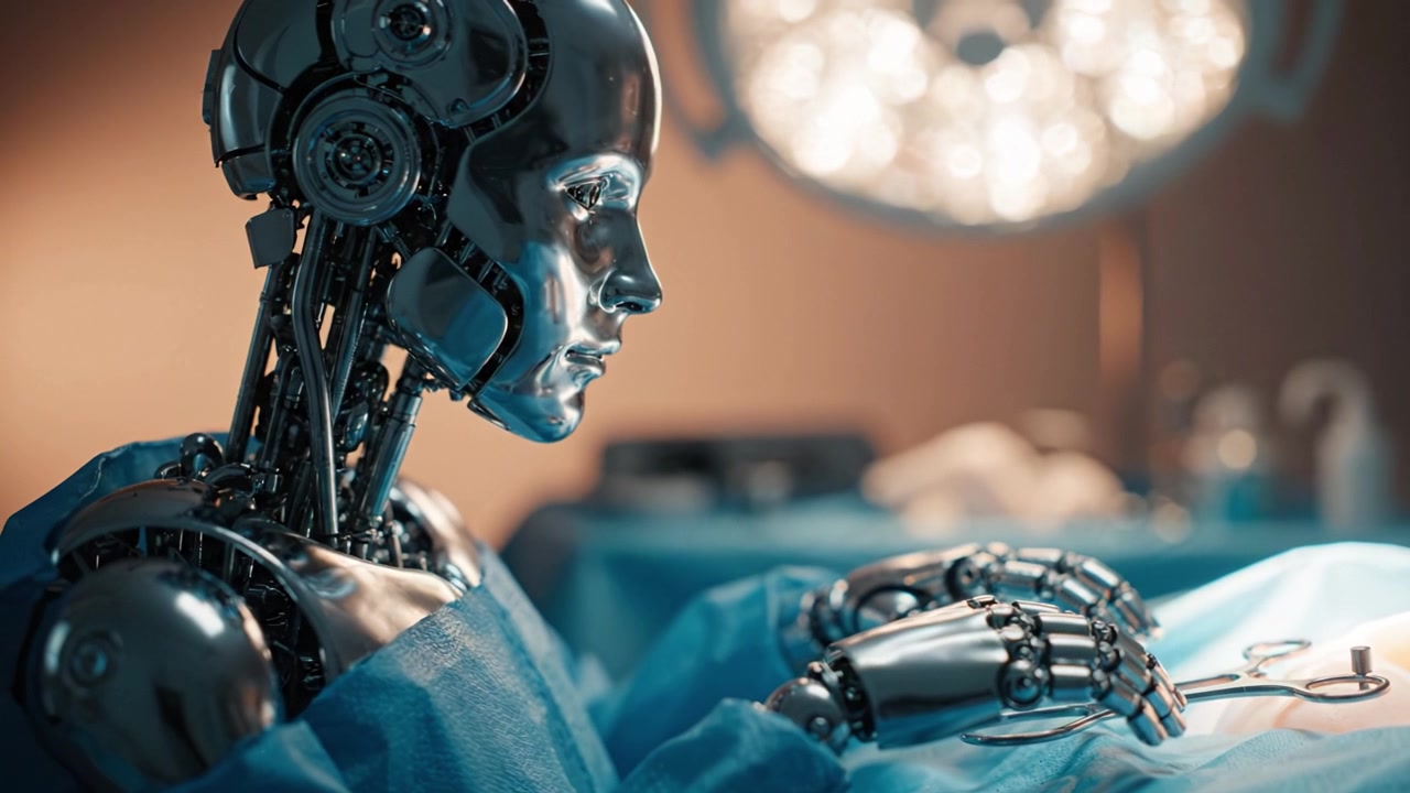 Vysoce pokročilý chirurgický robot se tiše připravuje na operaci v moderním operačním sále s jasnými chirurgickými světly a sterilním prostředím.