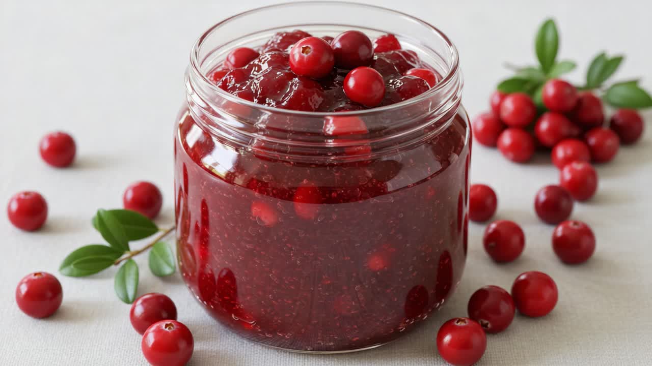 A Rich Jar of Homemade Cranberry Jam Filled with Juicy Red Berries, Showcasing the Vibrant Color and Texture of This Delicious Spread