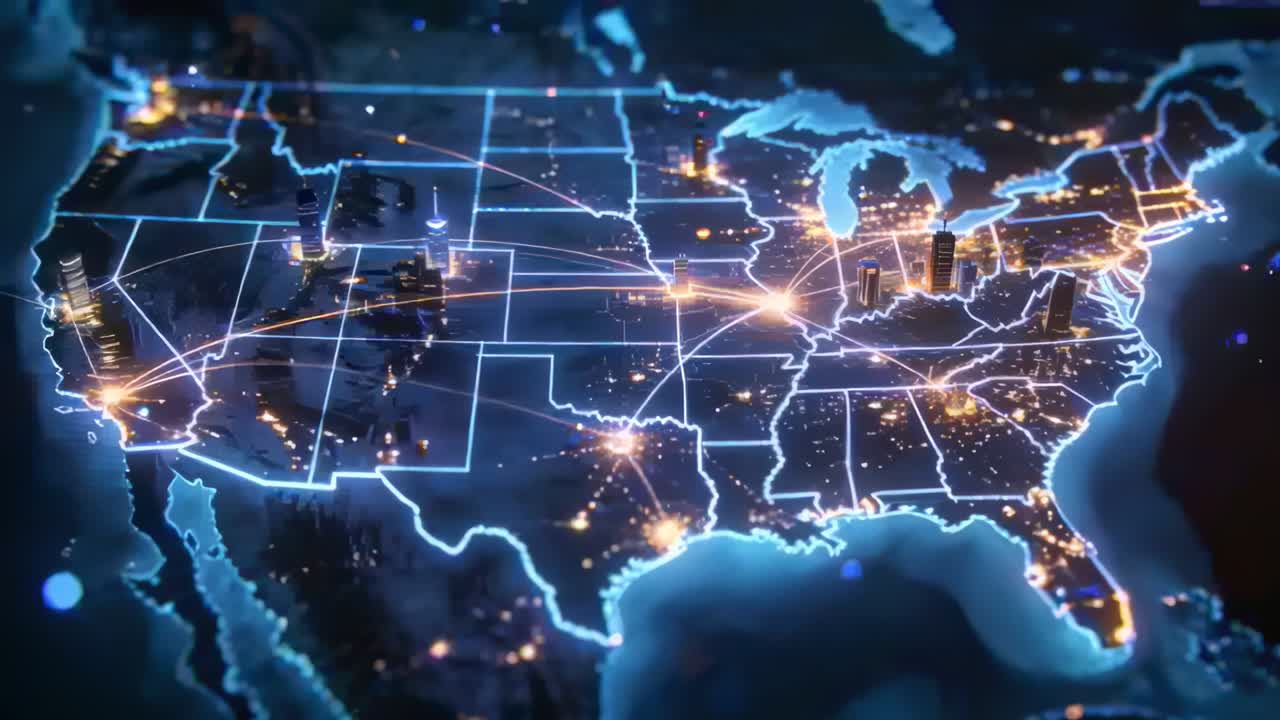Revealing neon-blue outline on 3D contiguous United States map, hubs pulsing, arcs centering hub