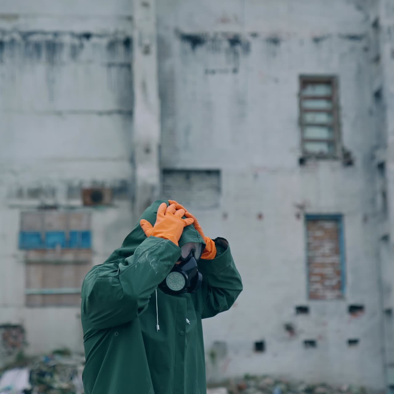 Atomic survivor in post apocalyptic setting. Portrait of guy in gas mask on the background of ruined abandoned building