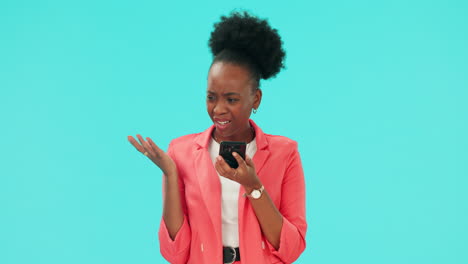 Phone,-fail-and-black-woman-in-studio-confused-by