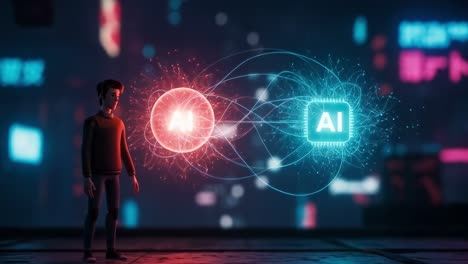 exploring the interaction between human intelligence and artificial intelligence in a futuristic cityscape