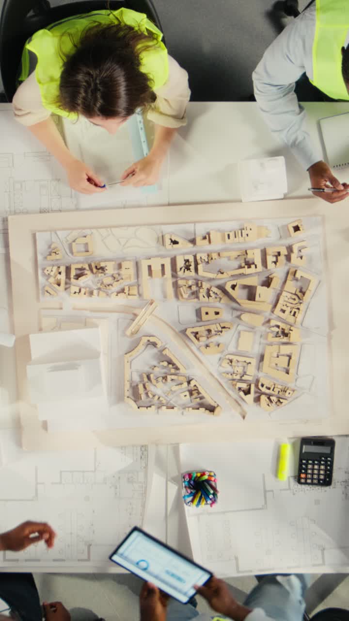 Vertical Video Top down view zoom in of real estate developers and architects in office