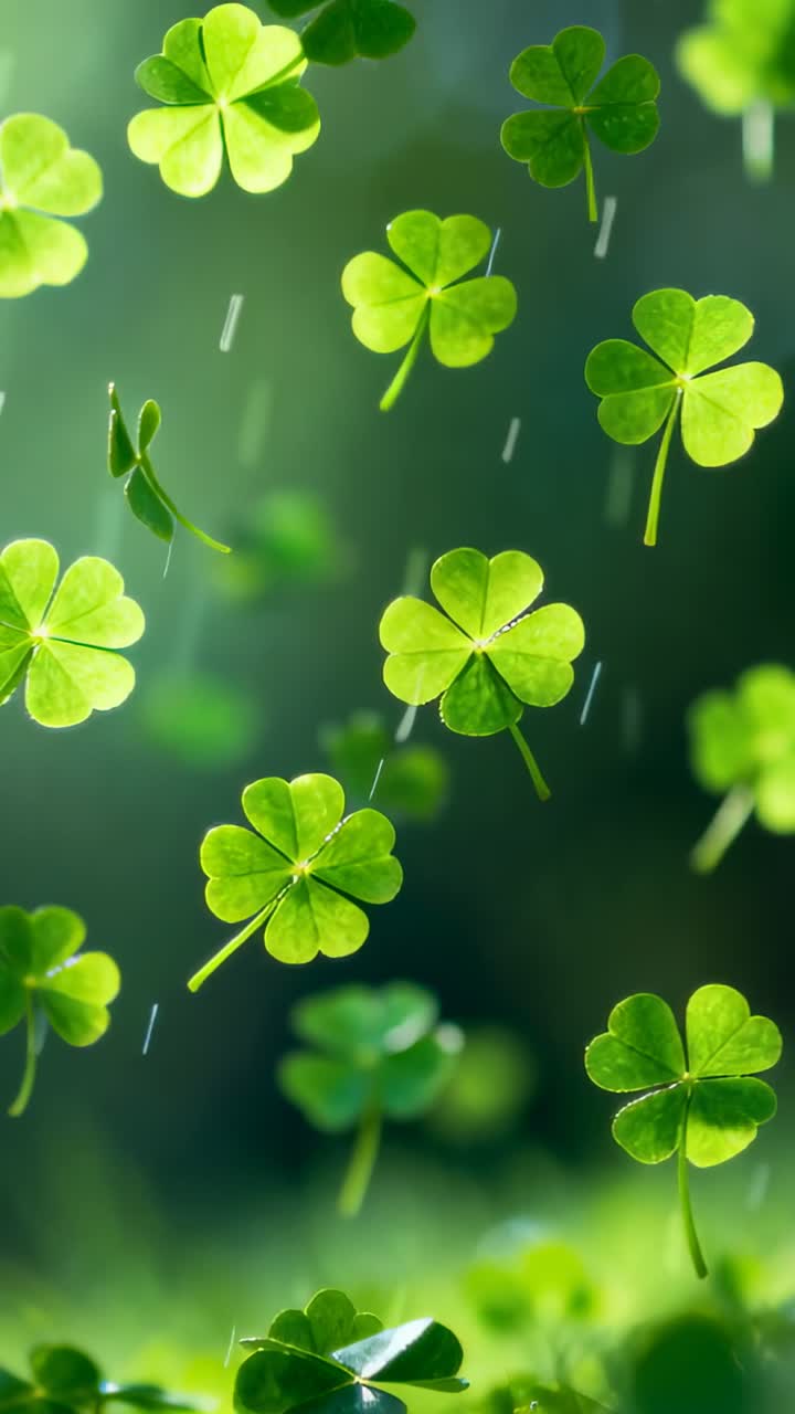 Vertical video: Drifting green clover leaves falling as light rain streaks toward low clover bed