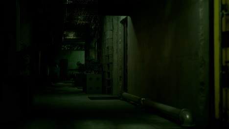 mysterious dimly lit corridor in an industrial building at night