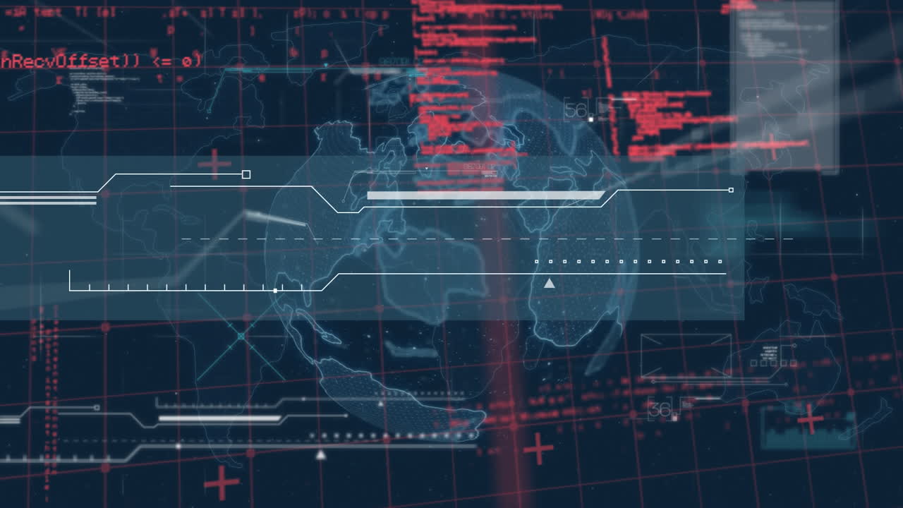 Digital animation of data processing over grid network against spinning globe on blue background