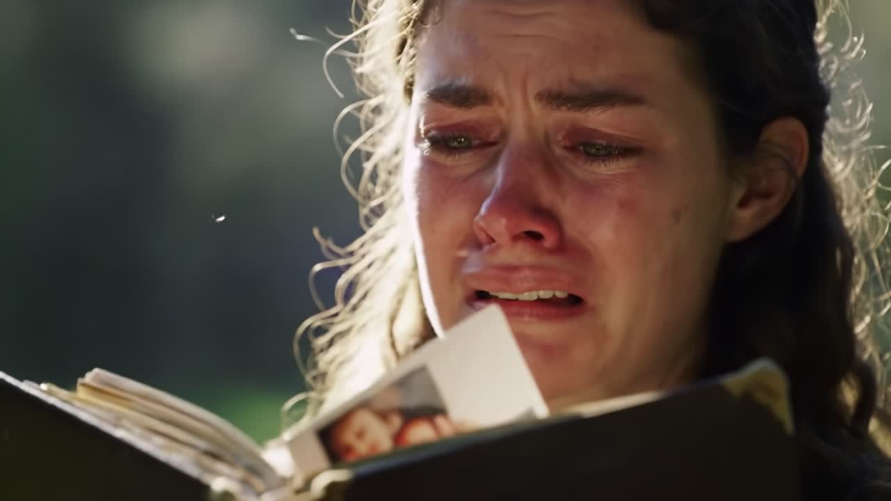 A Heartfelt Moment: A Young Woman Overwhelmed with Emotion as She Reads from an Old Book, Tears Streaming Down Her Face in a Reflection of Deep Connection and Memories