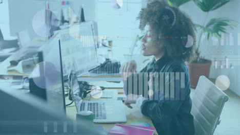 analyzing data, woman at desk with animated analytics overlay in office