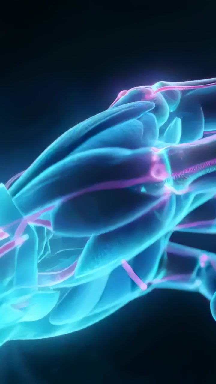 Video verticale: Telecamera che orbita una mano ciano che ruota in uno studio buio con nervi magenta pulsanti per uno studio