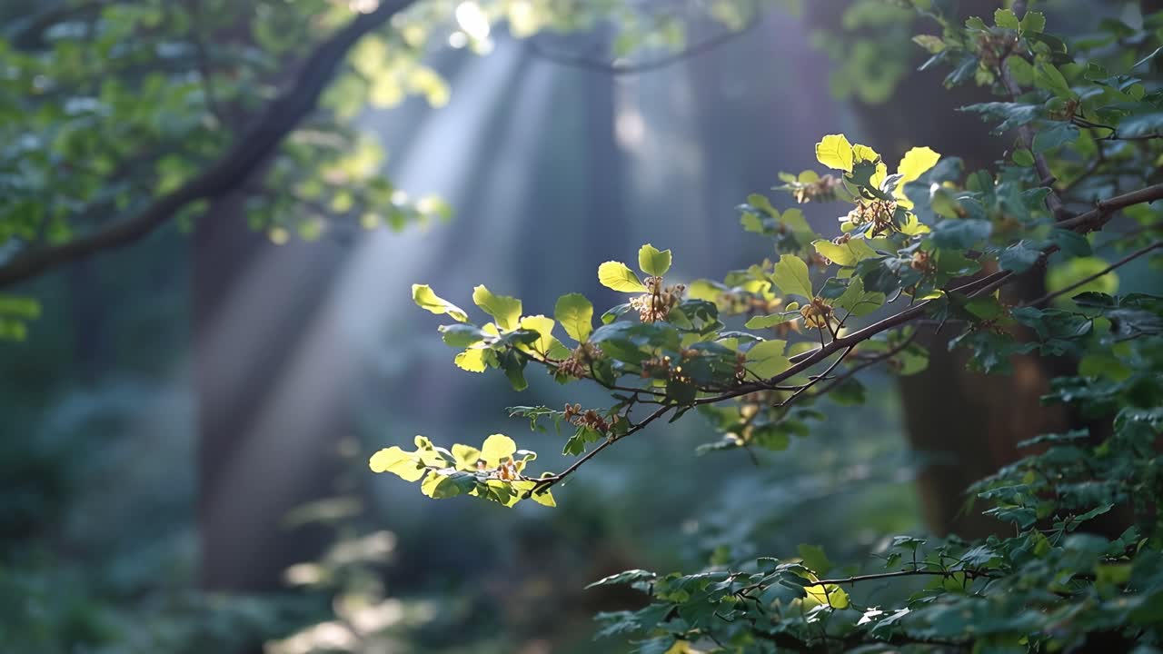 Dappled light filters through dense green leaves. Branches sway gently in a quiet forest breeze. Soft beams create a dreamy, peaceful atmosphere. Nature's calmness invites quiet reflection