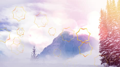 animación de estrellas de navidad cayendo sobre el paisaje de la montaña