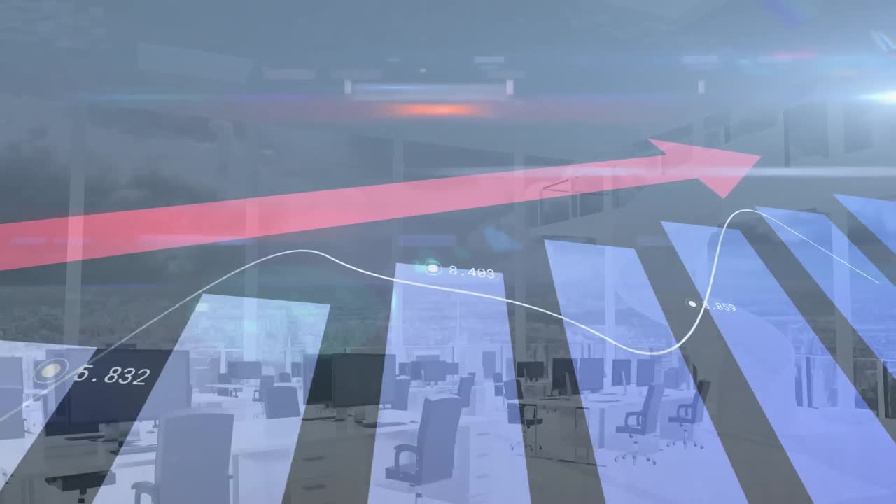 빈 현대 사무실 위로 올라가는 빨간 화살표와 함께 통계 기록의 애니메이션