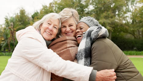 Senior,-Umarmen-Und-Entspannen-Sie-Sich-Mit-Freunden-Im-Park