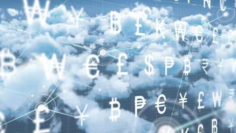 animation of currency symbols over network of connections and sky with clouds