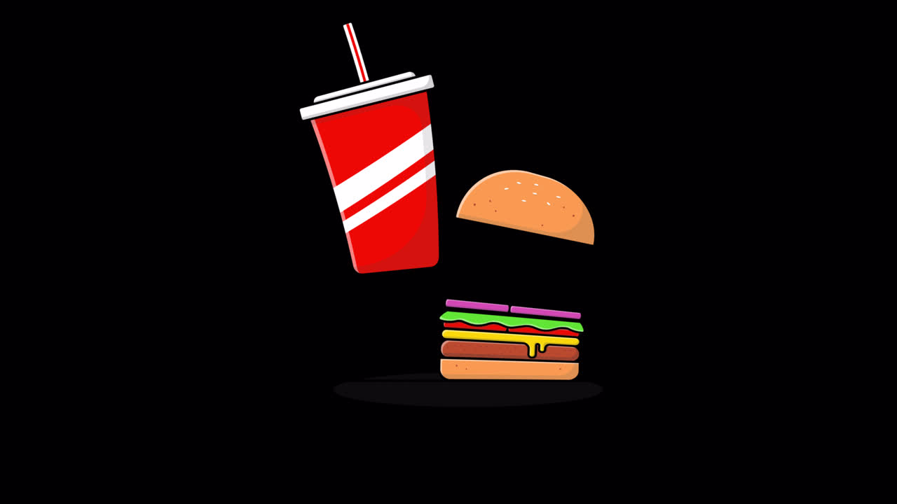 Hamburger e bibita animati su sfondo nero