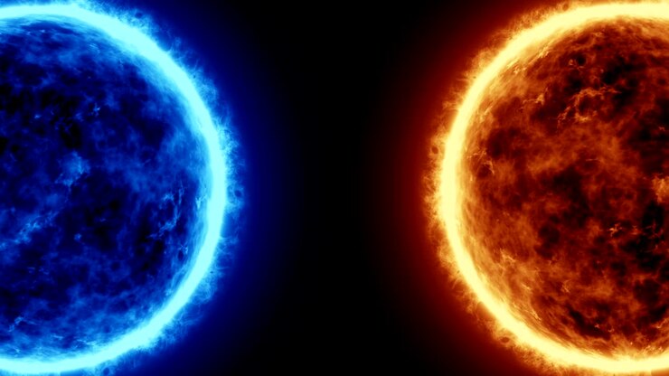 4K Realistic Sun and Blue sun surface with solar flares, Burning of the sun isolated on black with space for your text or logo. Motion graphic and animation background.