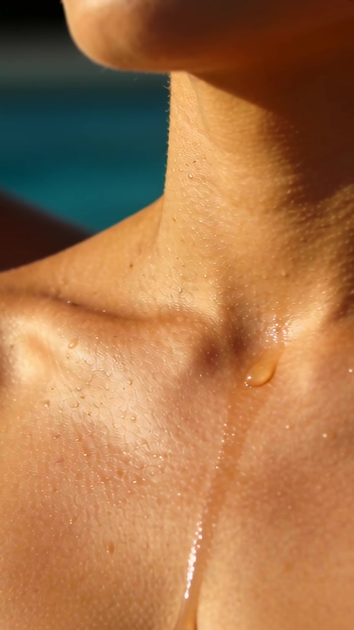 Video verticale: Goccia ambrata che scivola lungo il collo di una donna, sulla clavicola, con pelle nuda a bordo piscina.