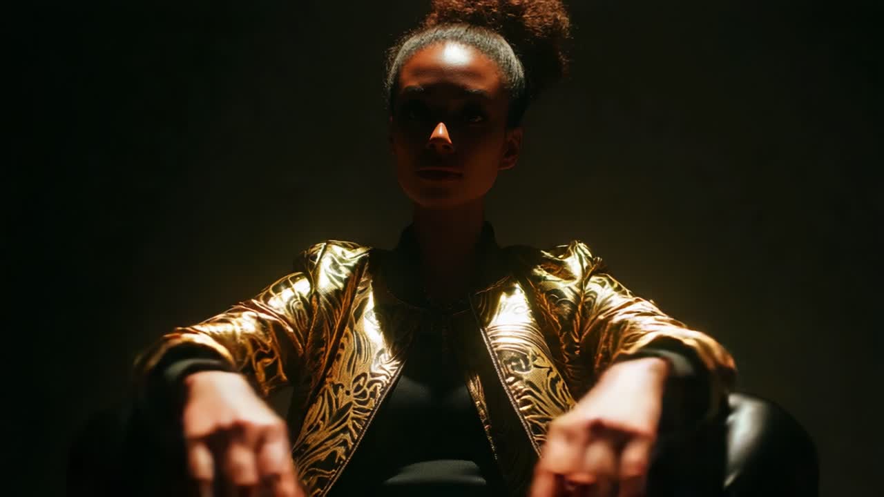 A captivating showcase of fashion and style featuring a striking figure adorned in a shimmering gold jacket, embodying confidence and elegance against a dramatic, shadowy background