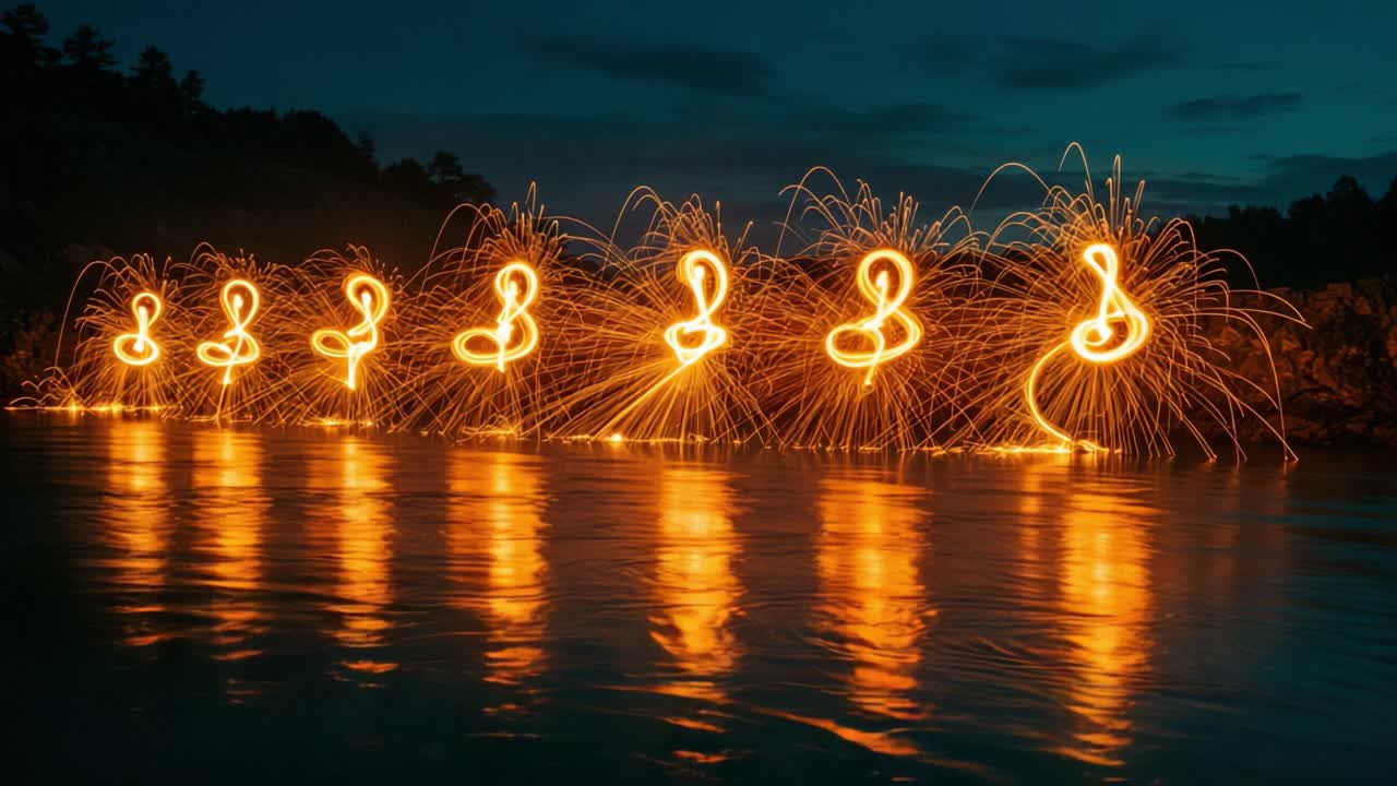 Mesmerizing Light Trails Reflected on Water: An Enchanting Display of Sparkling Fireworks Creating Fluid Motion in the Evening Sky