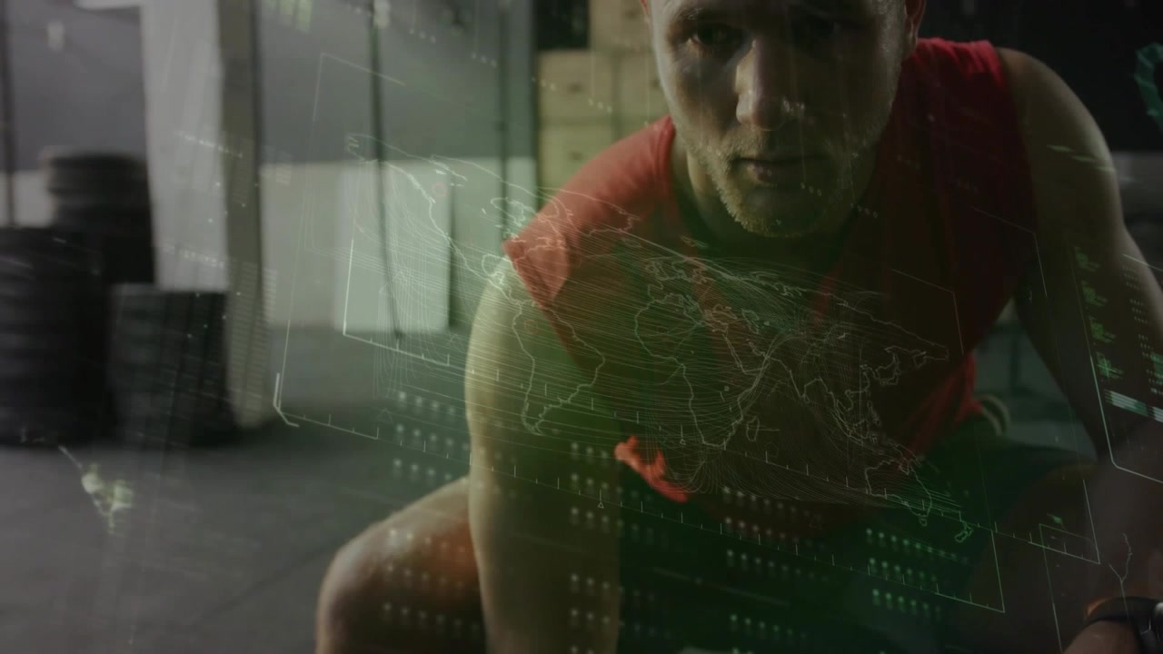 Focused Man Training with Dumbbell in Gym with Digital Overlay